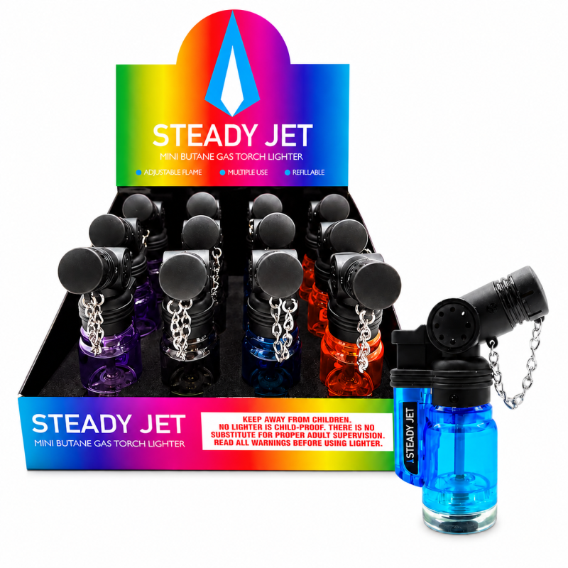 SEADY JET Turbo Mini Butane Torch Lighter – Assorted Colors – 12ct Display