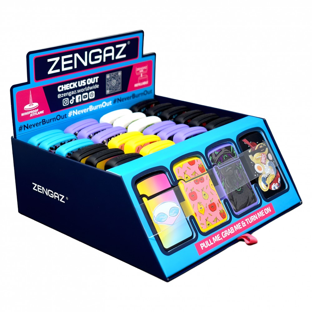 Zengaz Windproof Lighter Bullet Display, Assorted Designs, 28-Count Display