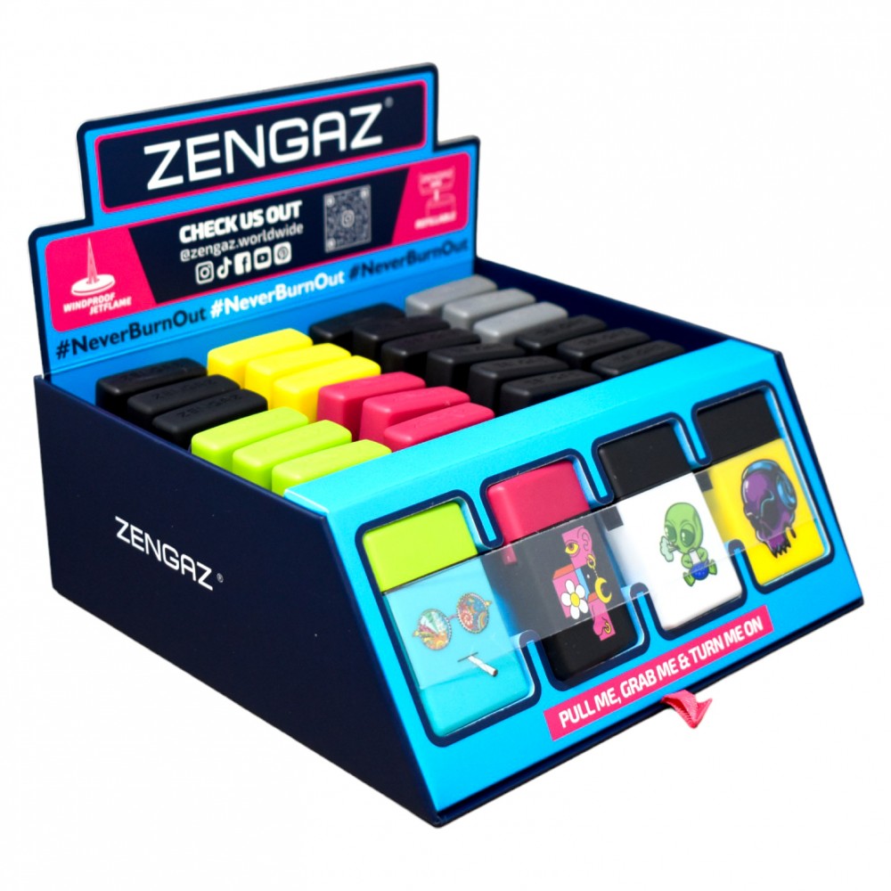 ZENGAZ Windproof Lighter Bullet Display, Assorted Designs, 28-Count Display