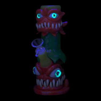 Clover Glass - 8" Two-Headed Beast Water Pipe - Glow in the Dark [BK-5055]