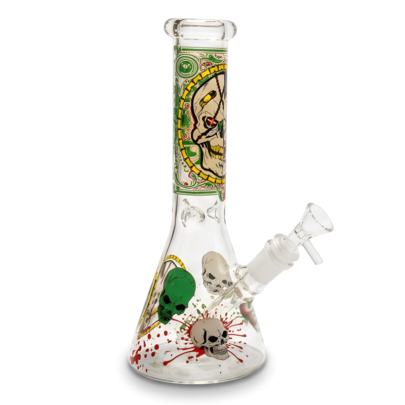 10" Skull Decal Ice Catcher Beaker Glass Water Pipe -  Glow In The Dark 