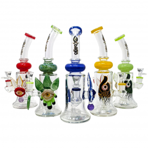 BIIGO Glass By Lookah - 11" Curved Neck Eye-Catching Leafy Perc Water Pipe - [GTG-14]