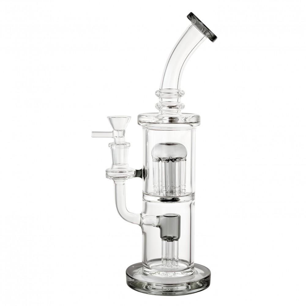 11" Cloud Chaser Dual Tree Perc Water Pipe – Smoke 11 Inch Cylindrical Cloud Chaser Dual Tree Perc Glass Water Pipe – Smoke