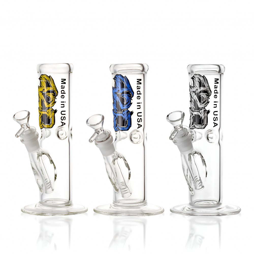 8 Inch 50mm USA Made Straight Water Pipe with 420 Decals – Assorted 8 inch straight water pipe with 420 decal art and 50mm glass tube made in USA