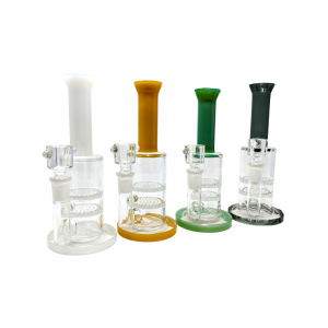 8" Colored Neck W/ Double Honeycomb Perc Water Pipe - [9003]