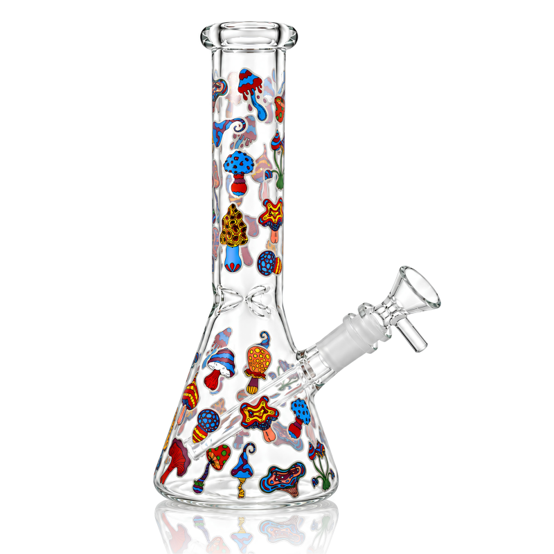 10" Colorful Rainbow & Mushroom Beaker Water Pipe – Glow in the Dark