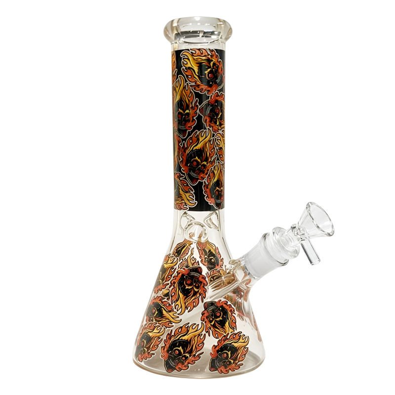 10" Flaming Skull Glow-in-the-Dark Decal Beaker Water Pipe