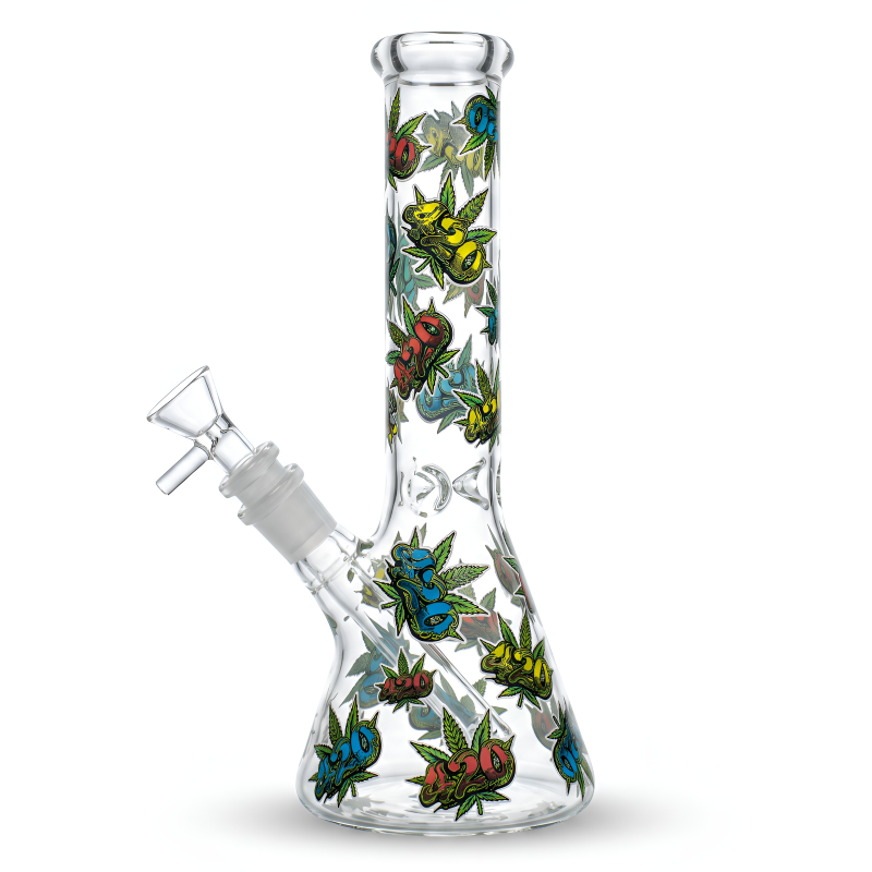 10" 420 Decal Art Beaker Water Pipe - Glow In The Dark