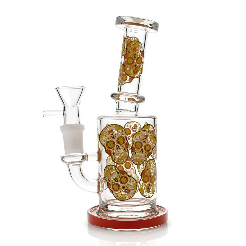 7" Sugar Skull Cylindrical Glass Water Pipe - Glow In The Dark