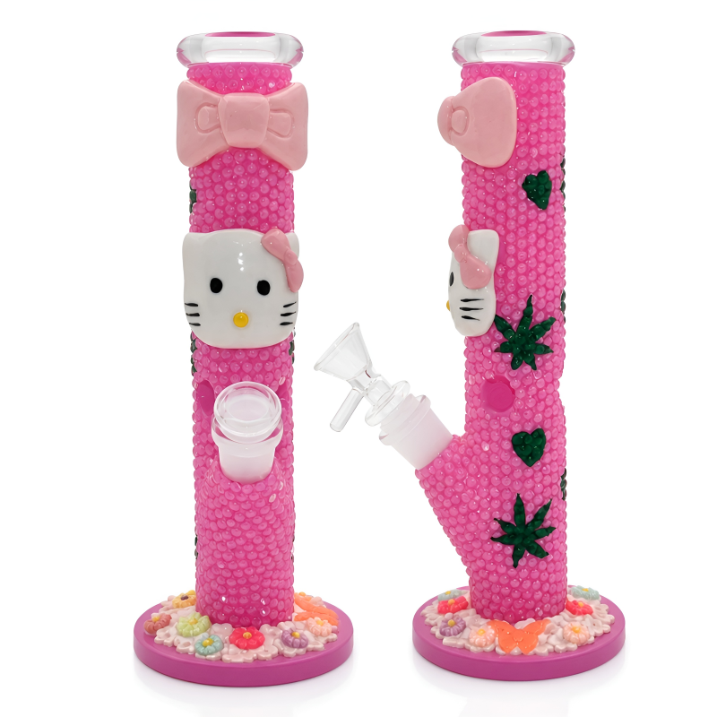 9.5" Bejeweled Kitty Theme Straight Tube Water Pipe