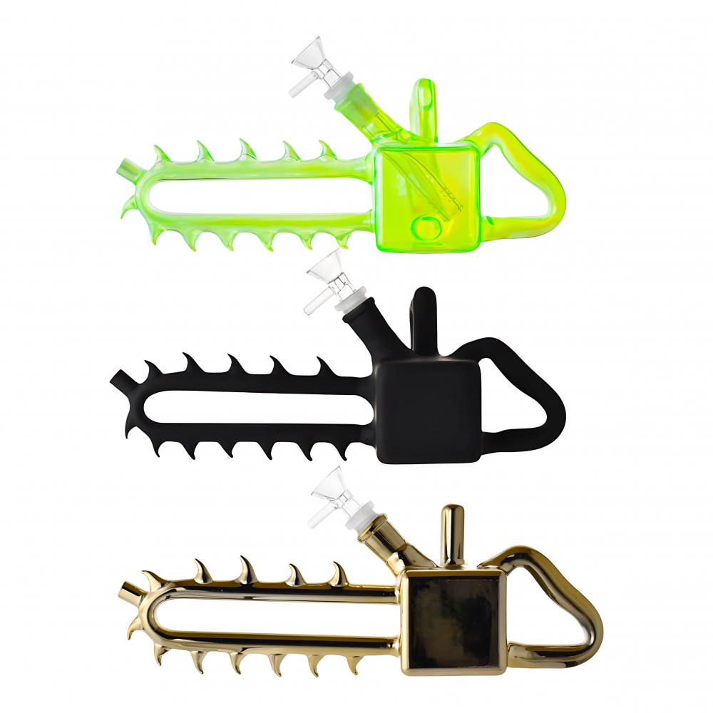 Chainsaw Smoke Blaster Water Pipe – 11.5 Inch Glass Piece 11.5 inch chainsaw-themed glass water pipe with 14mm bowl