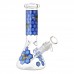 8 inch beaker water pipe featuring assorted sticker-style graphic art