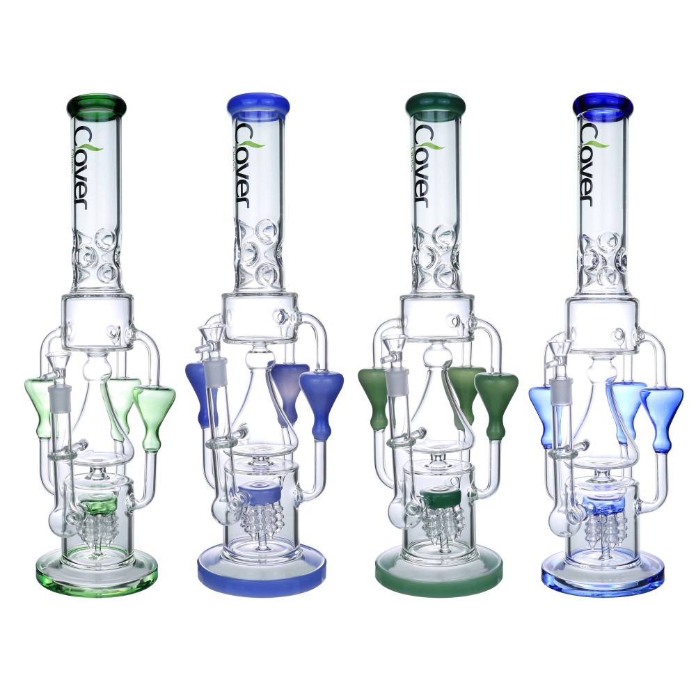Clover Glass Triple Hourglass Perc Recycler Bong – 18.5" Clover Glass Triple Hourglass Chamber Perc Recycler Water Pipe – 18.5 Inch