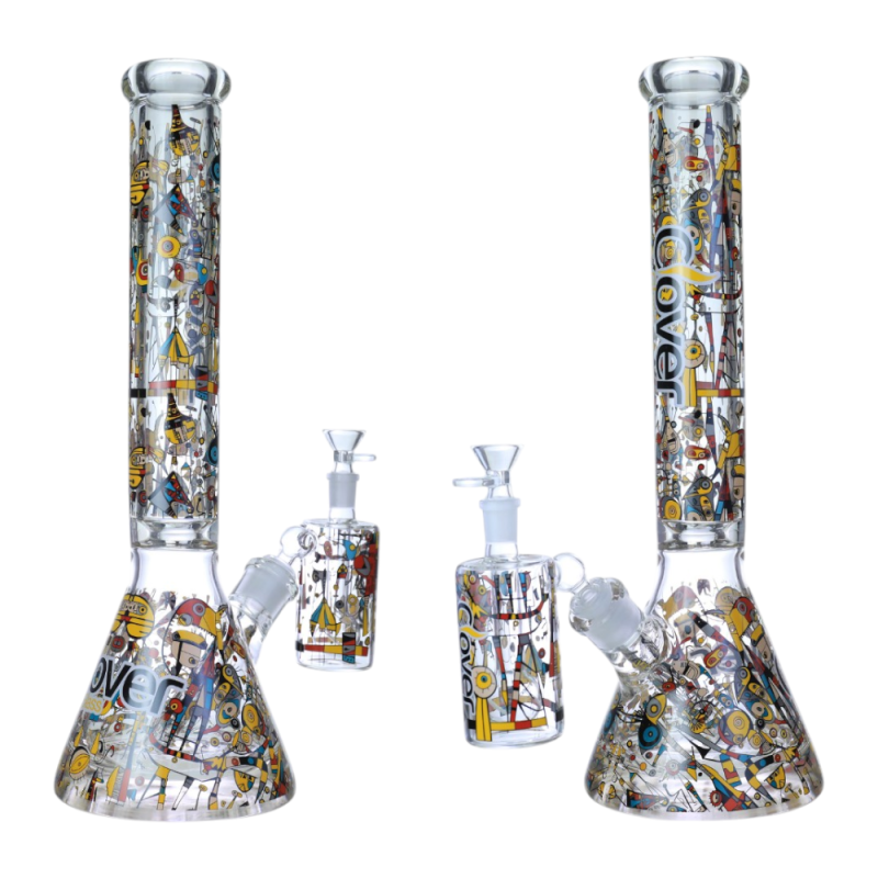 Clover Glass 16" 9mm Thick Retro Abstract Graffiti Beaker Water Pipe