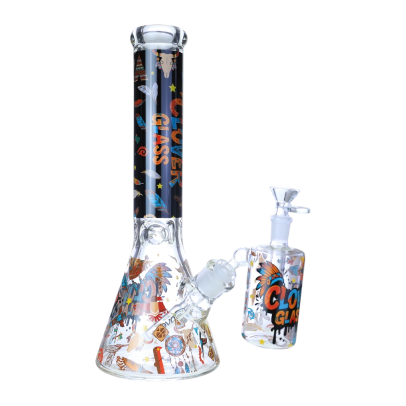 Clover Glass 14" 7mm Thick Tribal Print Beaker Water Pipe with Matching Ash Catcher