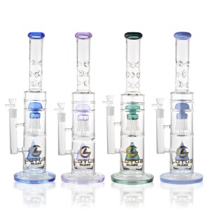 Lotus Glass - 18" Premium Straight Tube Dual Perc Water Pipe - Assorted [WPB1055]
