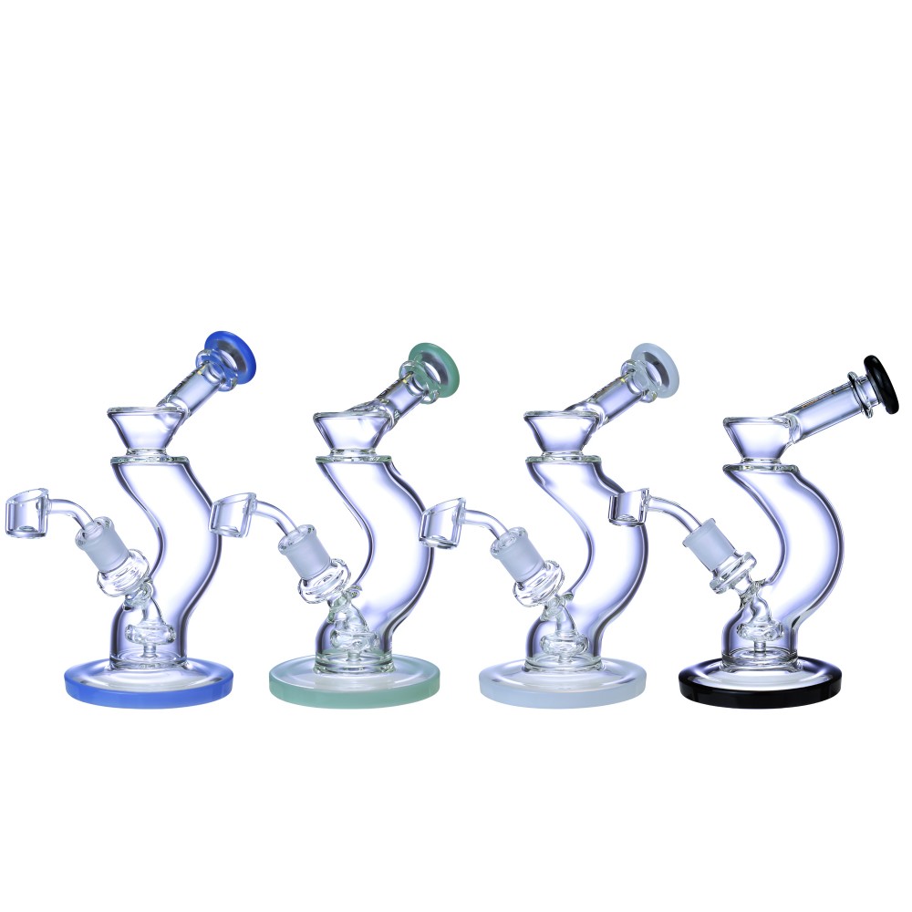 7.5" Showerhead Perc Dab Rig with Curved Neck – Clover Glass Clover Glass – 7.5" Curved Showerhead Perc Dab Rig | Compact Concentrate Rig