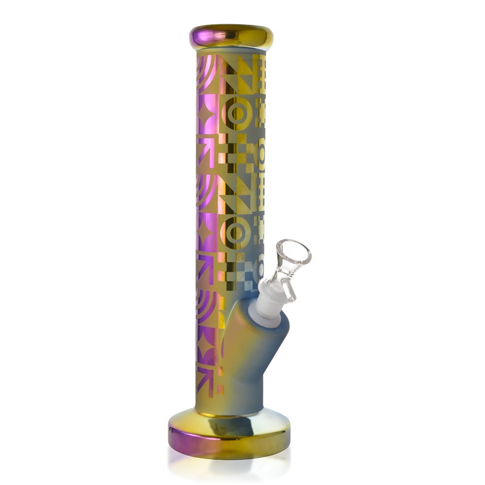 Electroplated Frosted Glass Bong – 12" Straight Tube – Assorted Designs 12-Inch Electroplated Frosted Glass Straight Tube Water Pipe – Assorted Colors