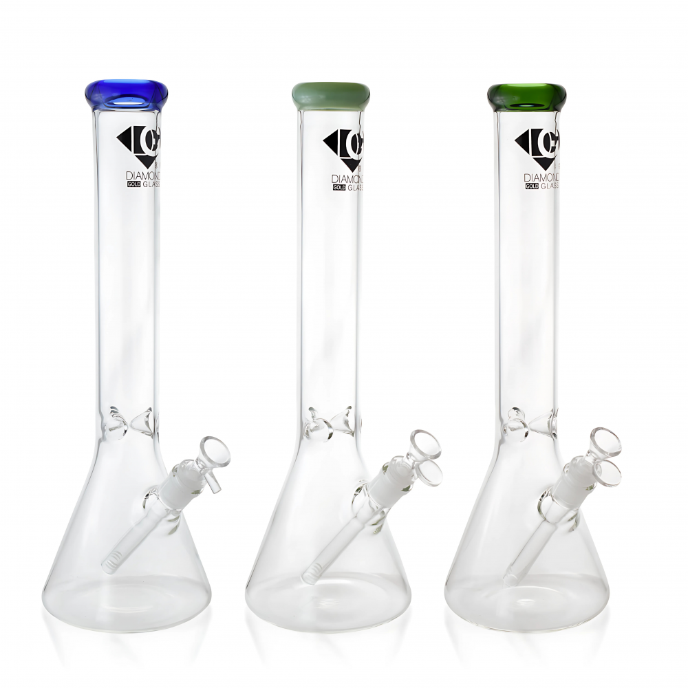 Diamond Gold Glass – 16" Ice-Pinch Clear Beaker Water Pipe – Assorted [WPW0007-2002]