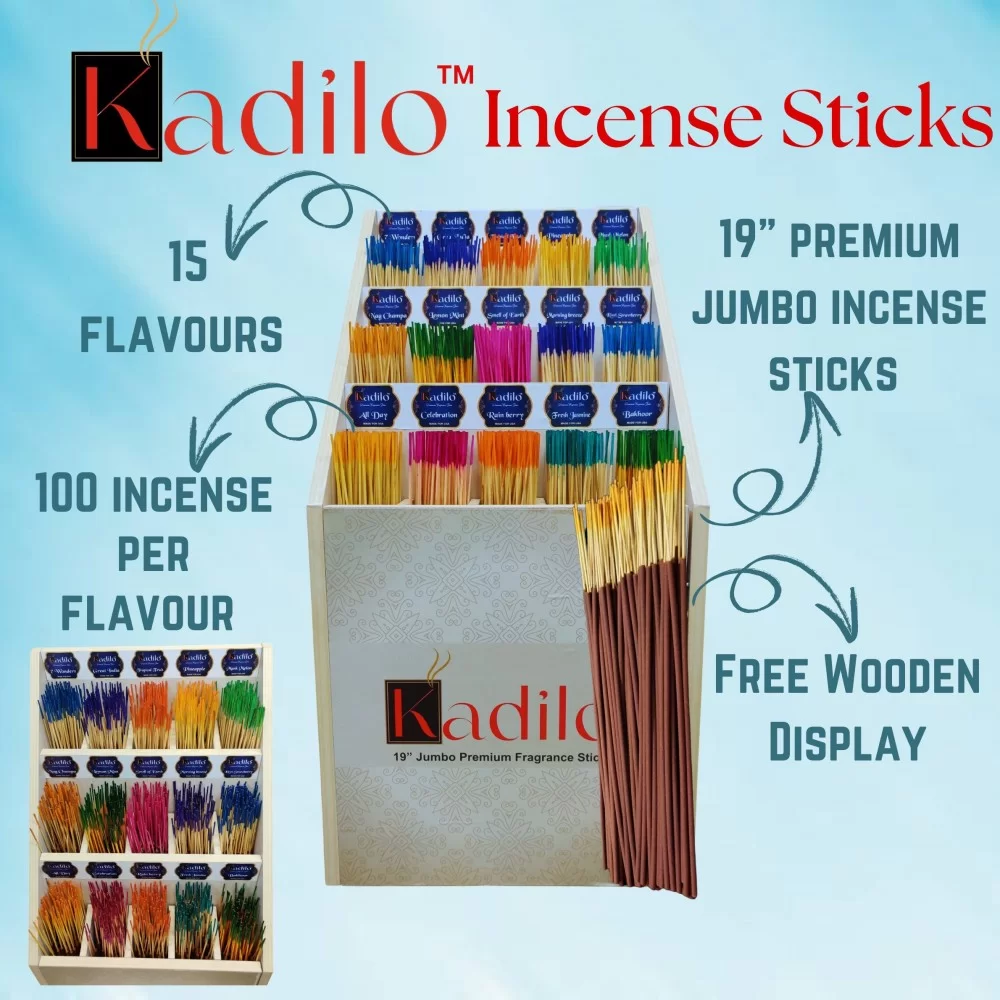 Jumbo 19" Incense Wooden Display – 15 Fragrances – 100 Sticks Each 19-Inch Jumbo Incense Sticks Wooden Display – 15 Scents – 1500 Sticks Total