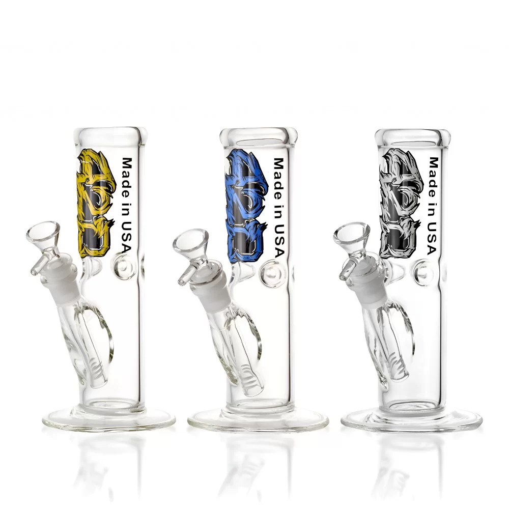 8 Inch 50mm USA Made Straight Water Pipe with 420 Decals – Assorted 8 inch straight water pipe with 420 decal art and 50mm glass tube made in USA