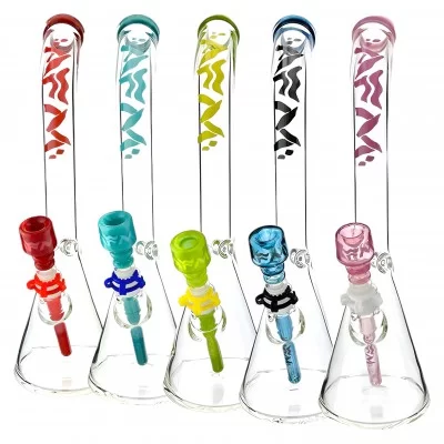 18" AFM Wavy Bent Neck 7mm Colored Lip Glass Beaker Bong Bundle Water Pipe*